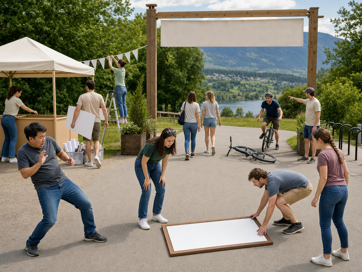 People responding to several connected activities and a bicycle blocking the main path at a festival entrance.