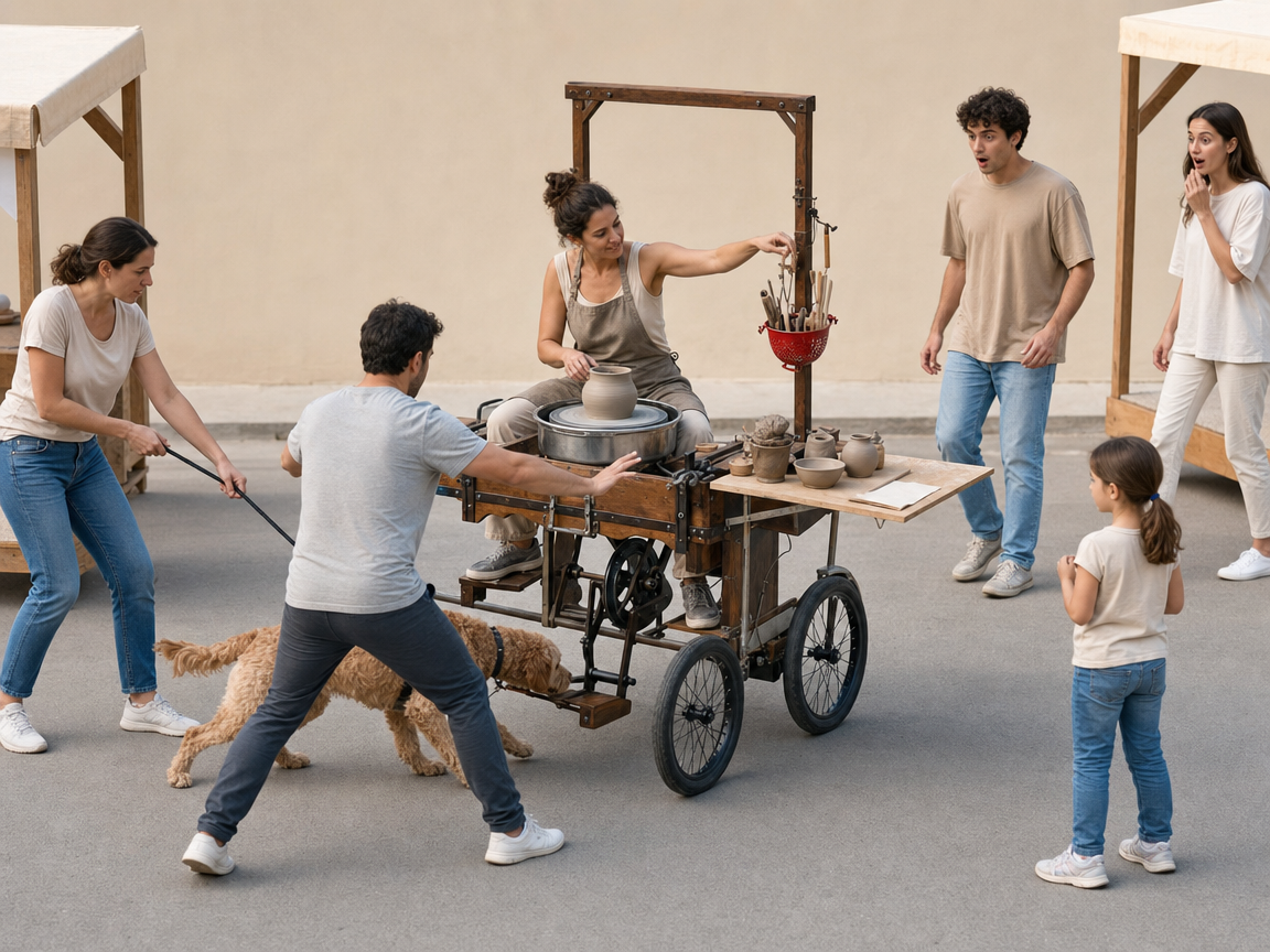 People reacting to an unusual mobile pottery wheel at a community fair.