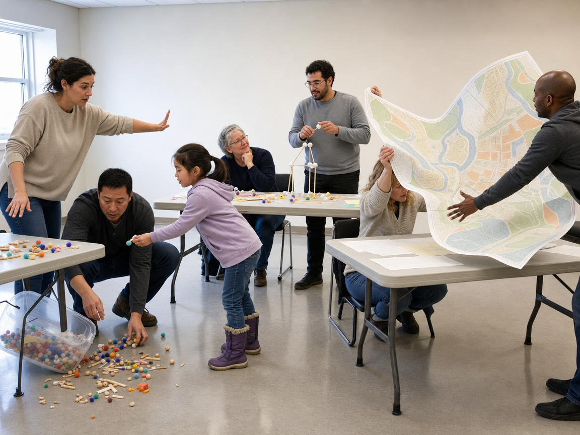 People responding to several connected activities and a large map blowing away at a public workshop.