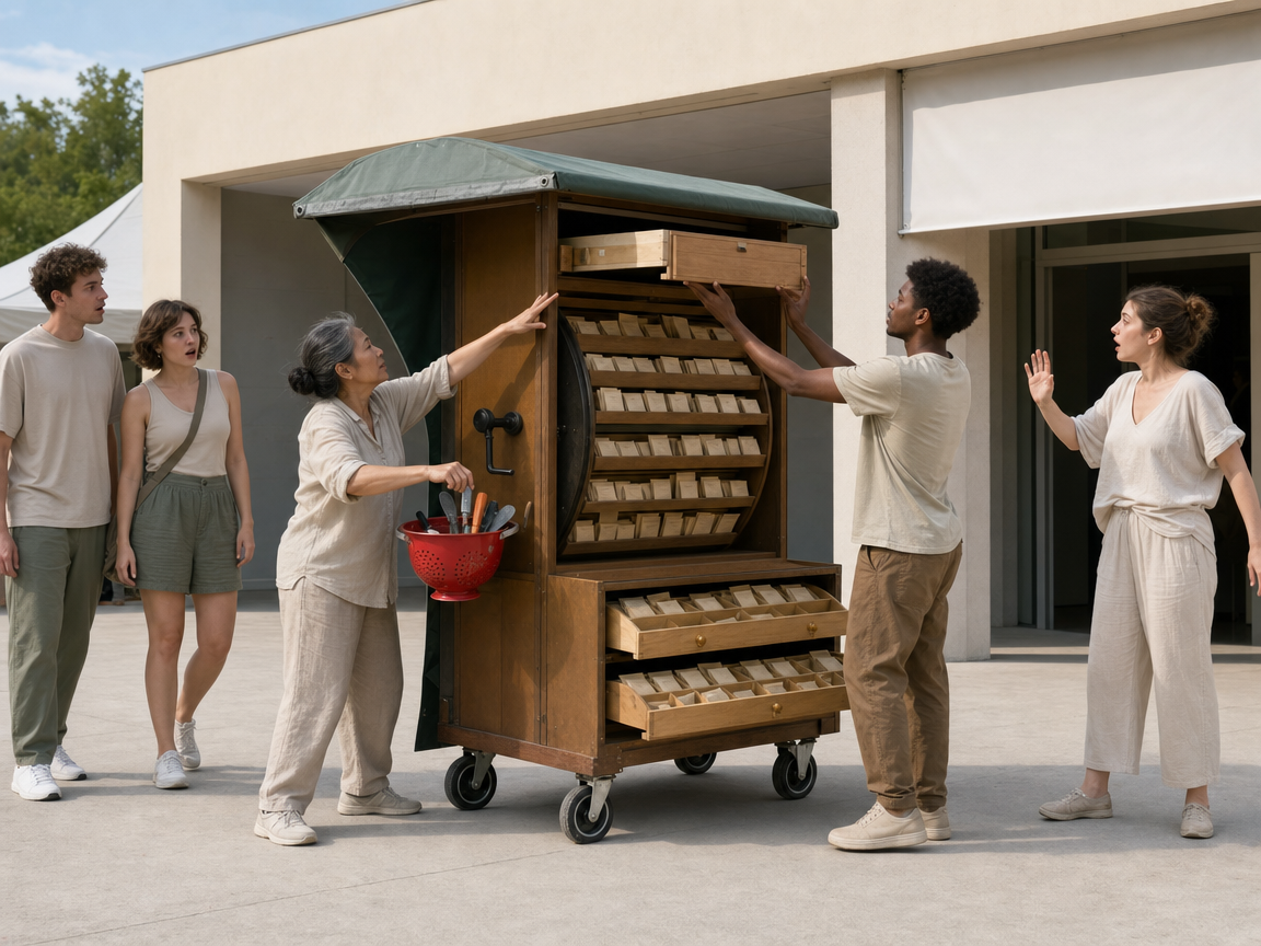 People reacting to an unusual rolling seed library at a festival entrance.