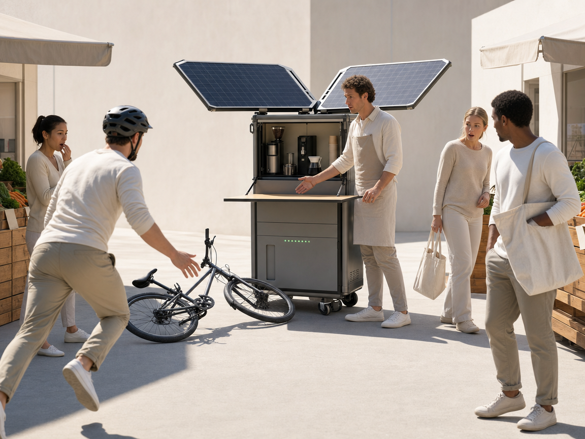 People reacting to an unusual folding solar cafe at a farmers market.