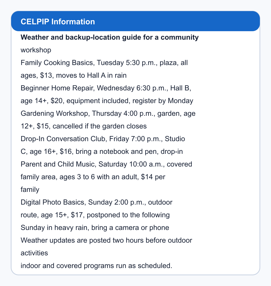 Weather and backup-location guide for a community workshop. Family Cooking Basics, Tuesday 5:30 p.m., plaza, all ages, $13, moves to Hall A in rain; Beginner Home Repair, Wednesday 6:30 p.m., Hall B, age 14+, $20, equipment included, register by Monday; Gardening Workshop, Thursday 4:00 p.m., garden, age 12+, $15, cancelled if the garden closes; Drop-In Conversation Club, Friday 7:00 p.m., Studio C, age 16+, $16, bring a notebook and pen, drop-in; Parent and Child Music, Saturday 10:00 a.m., covered family area, ages 3 to 6 with an adult, $14 per family; Digital Photo Basics, Sunday 2:00 p.m., outdoor route, age 15+, $17, postponed to the following Sunday in heavy rain, bring a camera or phone. Weather updates are posted two hours before outdoor activities; indoor and covered programs run as scheduled.