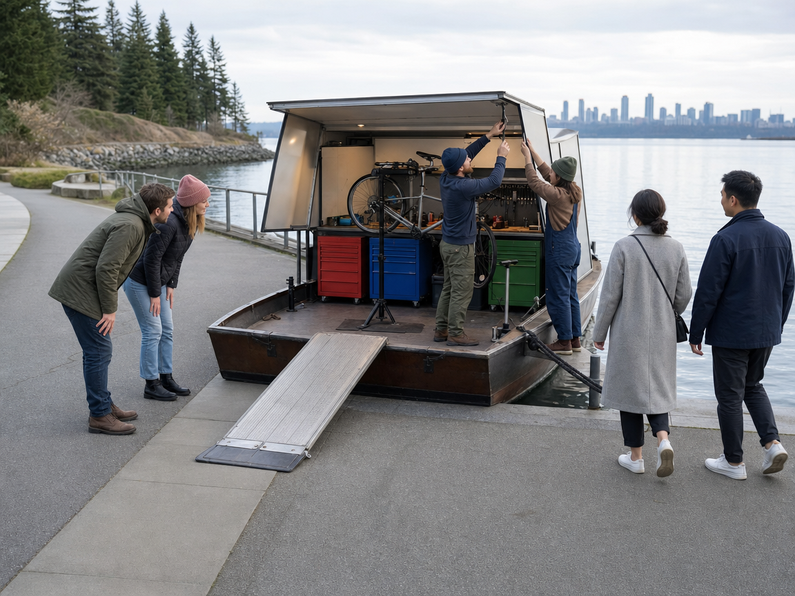 People reacting to an unusual boat-mounted bicycle workshop along a waterfront path.