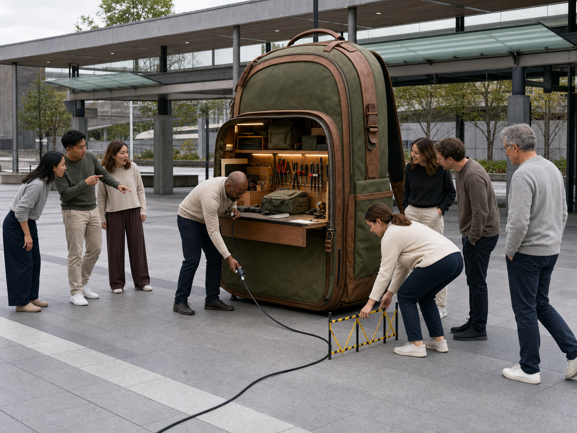 People reacting to an unusual giant backpack repair booth at a transit plaza.