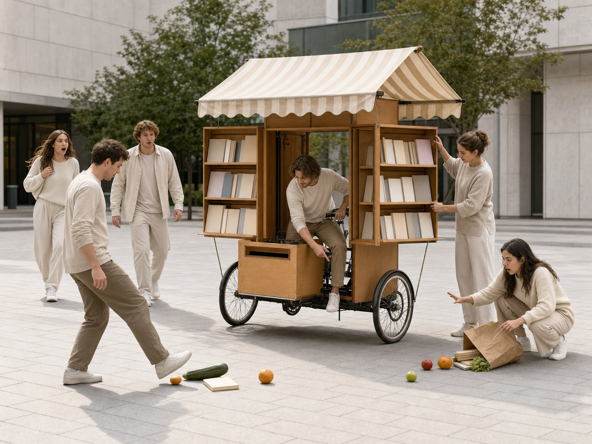 People reacting to an unusual pedal-powered book kiosk at a pedestrian plaza.