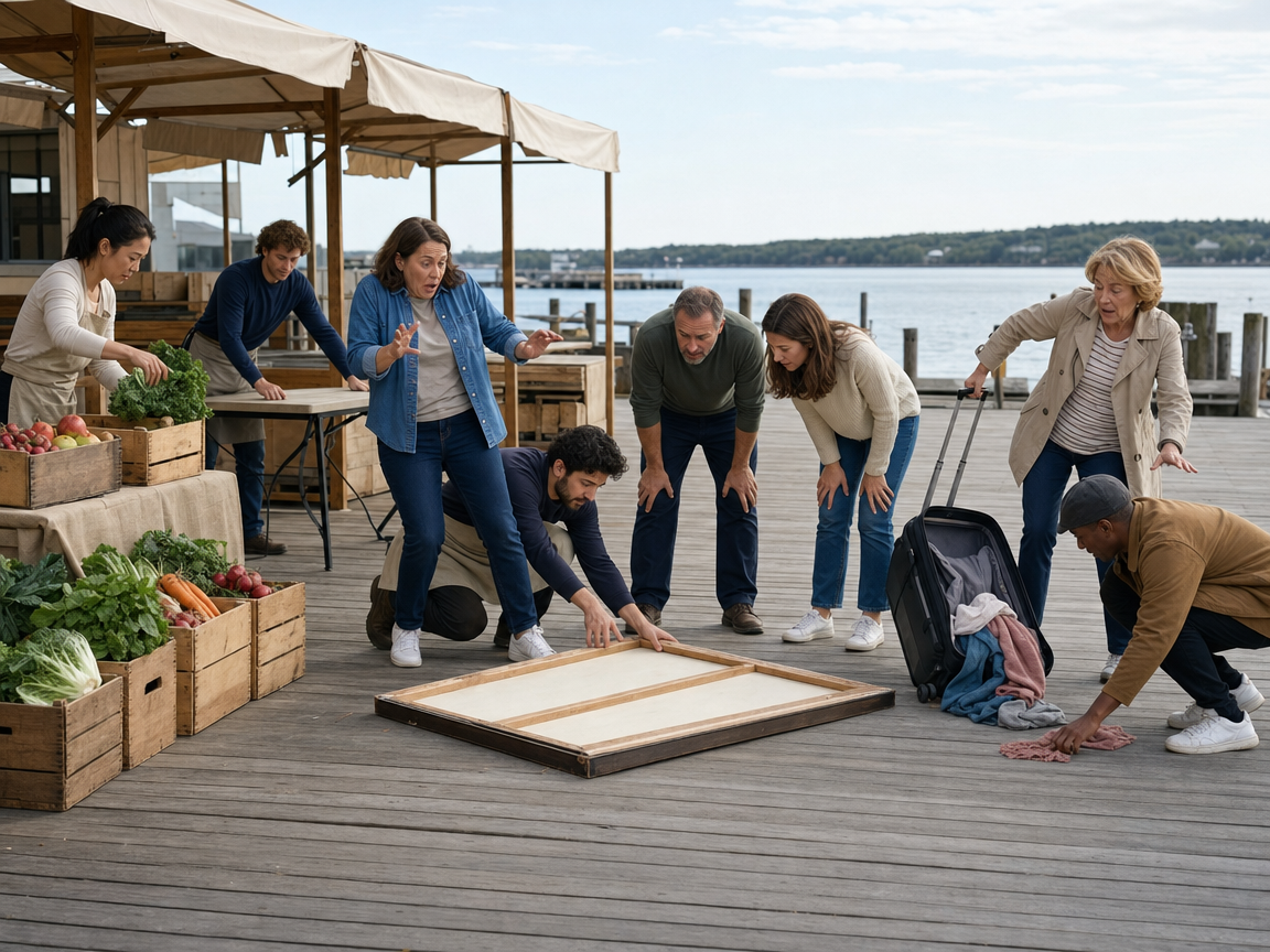 People responding to several connected activities and a rolling suitcase opening at a waterfront market.