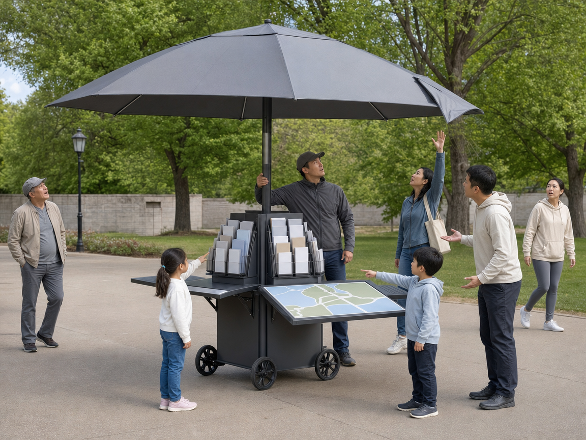 People reacting to an unusual umbrella-shaped information cart at a public park.