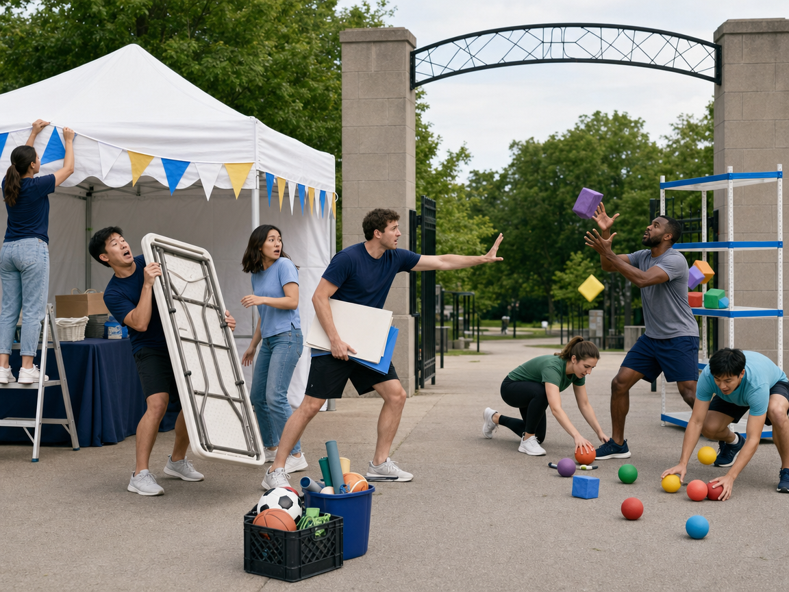 People responding to several connected activities and a stack of sports equipment falling at a festival entrance.