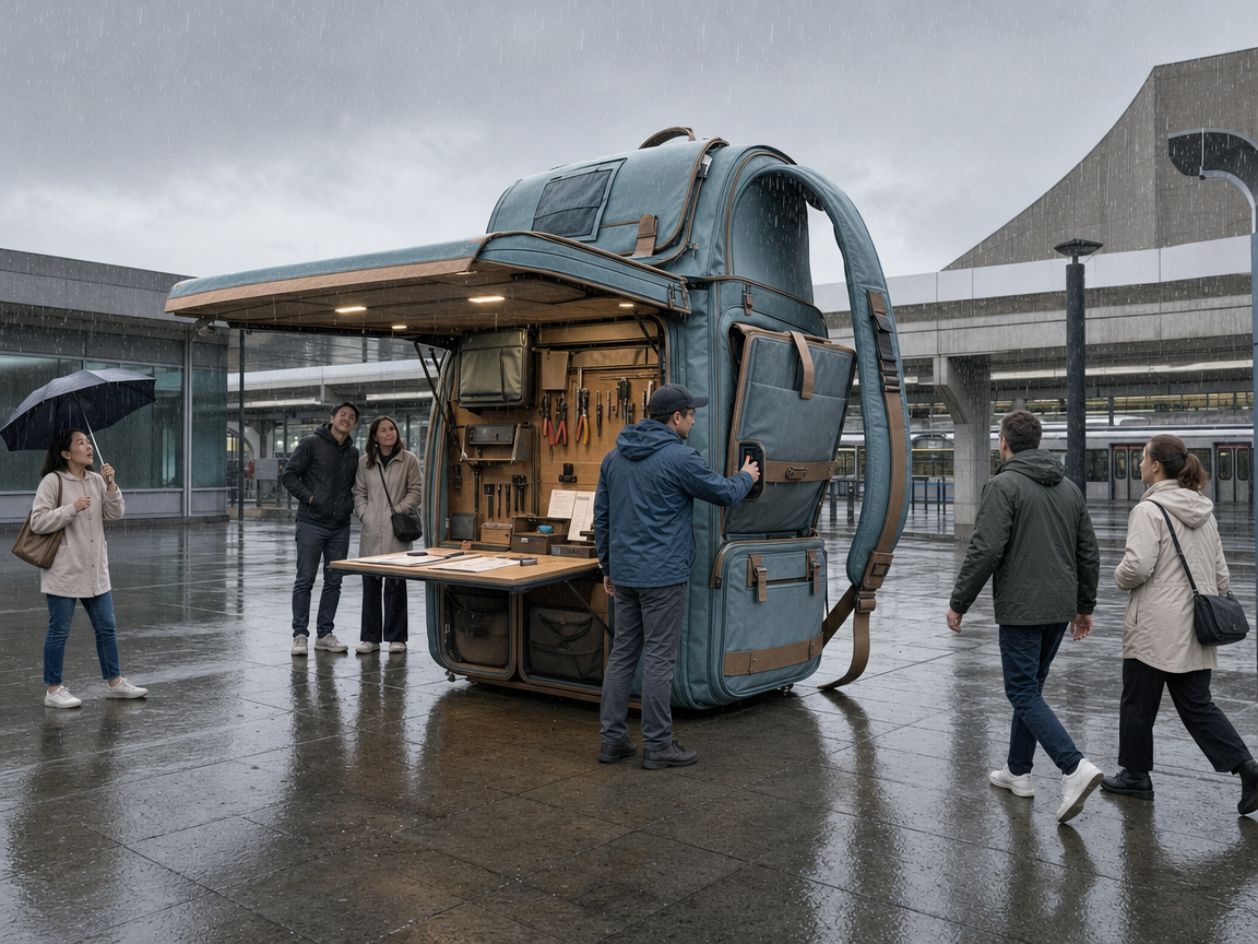 People reacting to an unusual giant backpack repair booth at a transit plaza.