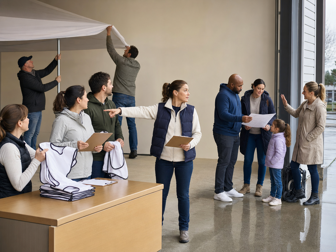 People responding to several connected activities and a canopy coming loose at a volunteer depot.