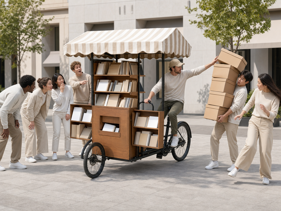 People reacting to an unusual pedal-powered book kiosk at a pedestrian plaza.