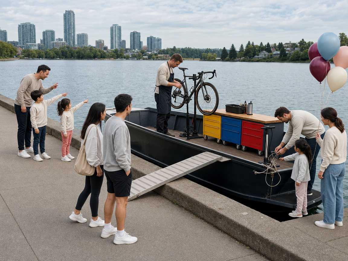 People reacting to an unusual boat-mounted bicycle workshop along a waterfront path.