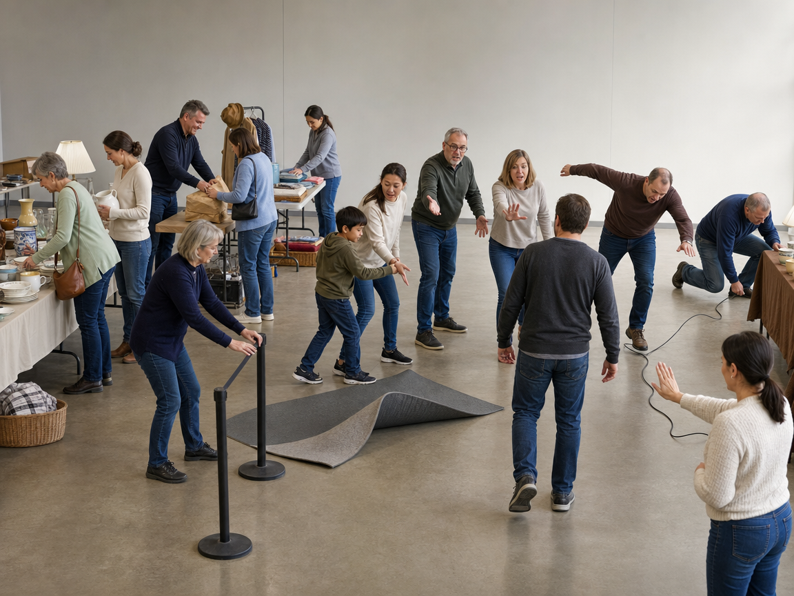 People responding to several connected activities and a person tripping over a loose cable at a community sale.