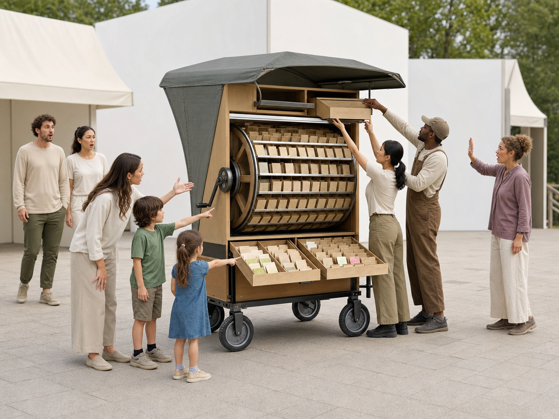 People reacting to an unusual rolling seed library at a festival entrance.