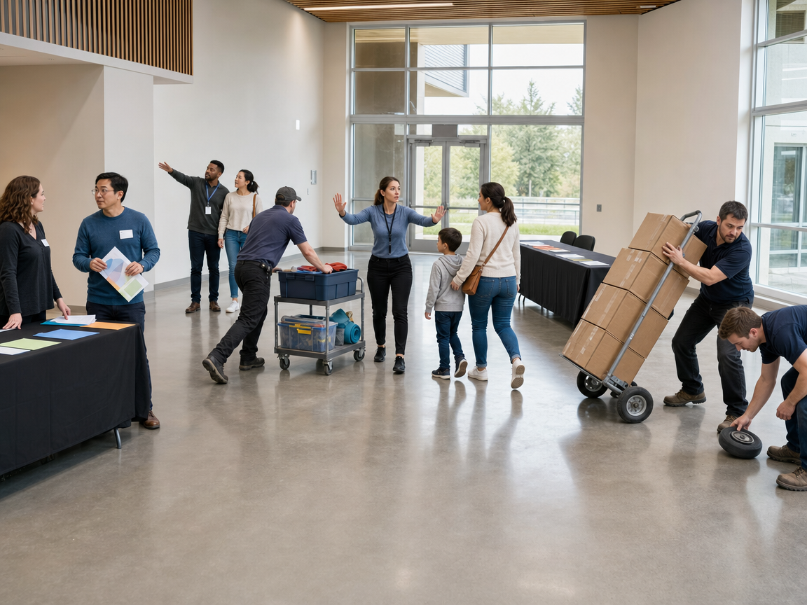 People responding to several connected activities and a delivery trolley losing a wheel at a community-centre lobby.