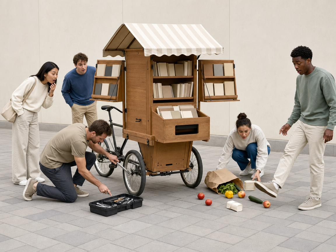 People reacting to an unusual pedal-powered book kiosk at a pedestrian plaza.