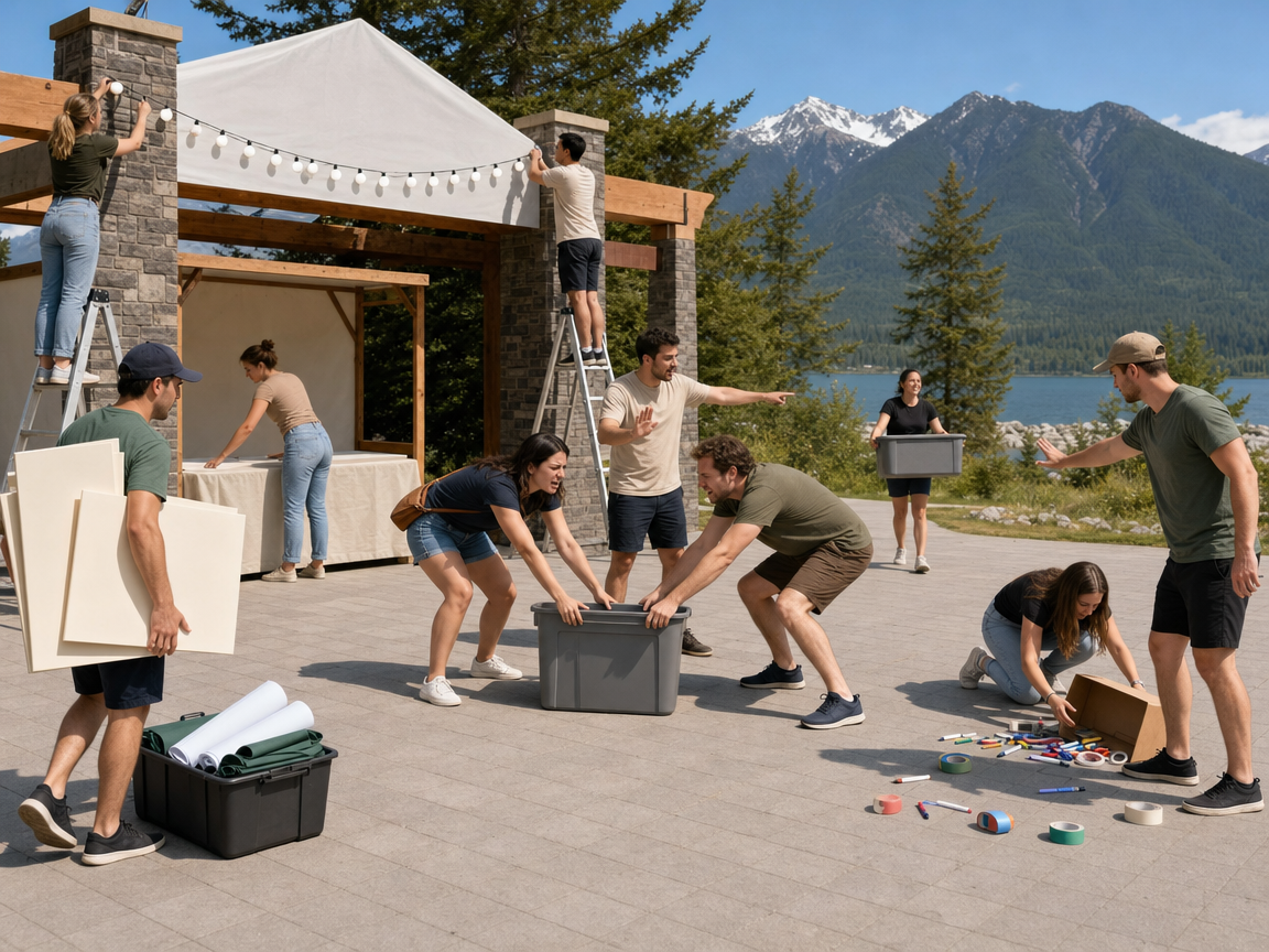 People responding to several connected activities and a box of supplies spilling open at a festival entrance.
