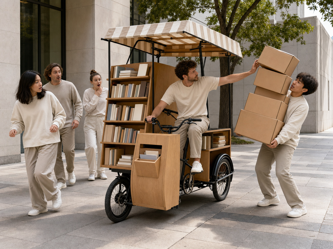 People reacting to an unusual pedal-powered book kiosk at a pedestrian plaza.