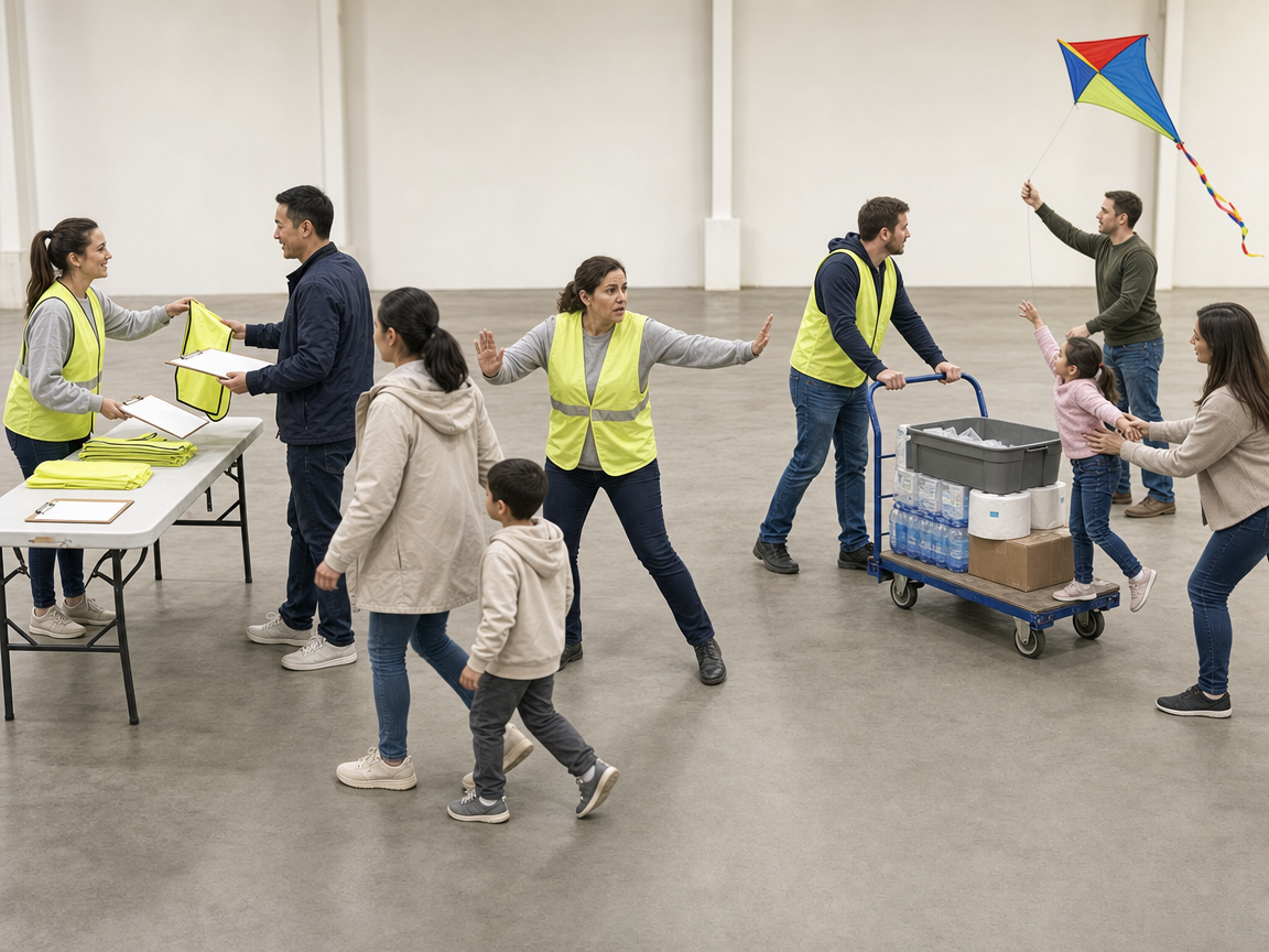 People responding to several connected activities and a child reaching for a drifting kite at a volunteer depot.