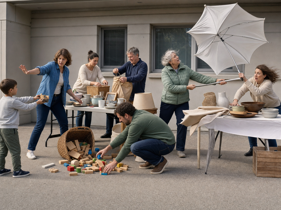 People responding to several connected activities and a vendor losing hold of an umbrella at a community sale.