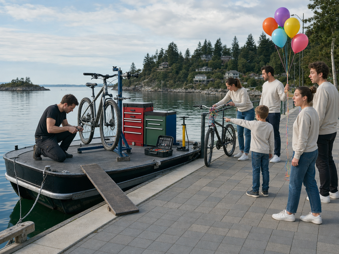 People reacting to an unusual boat-mounted bicycle workshop along a waterfront path.