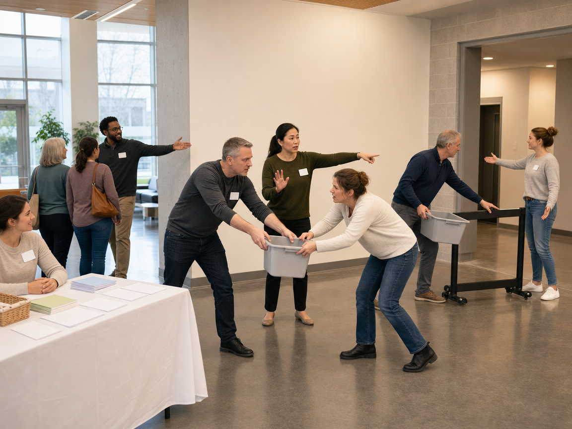 People responding to several connected activities and a misplaced barrier redirecting the crowd at a community-centre lobby.