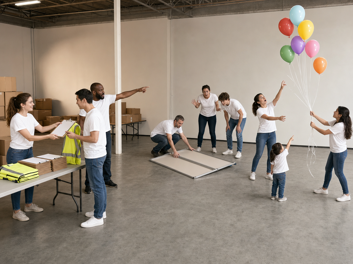 People responding to several connected activities and several loose balloons at a volunteer depot.