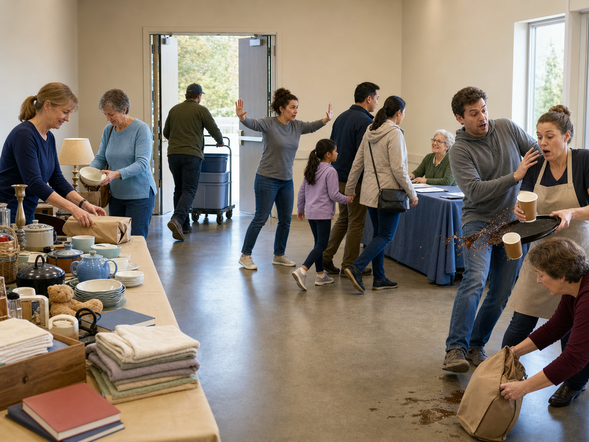 People responding to several connected activities and a tray of drinks being bumped at a community sale.