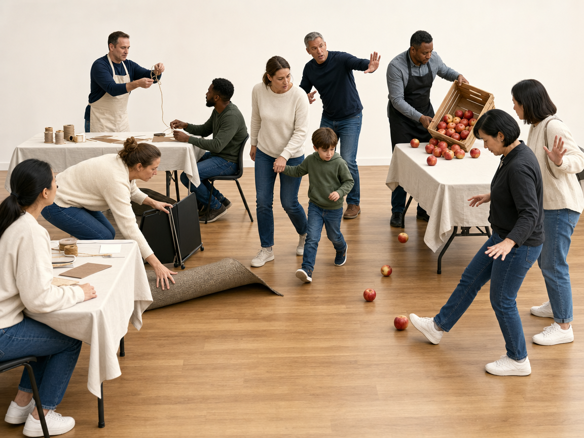 People responding to several connected activities and fruit rolling across the walkway at a public workshop.