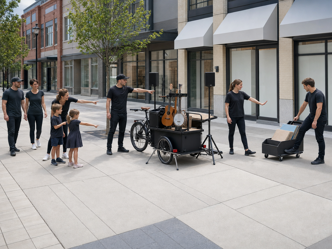 People reacting to an unusual bicycle-towed music stage on a shopping street.