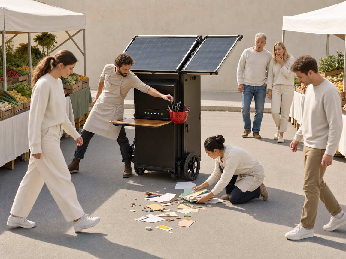 People reacting to an unusual folding solar cafe at a farmers market.
