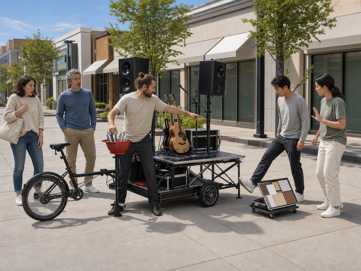 People reacting to an unusual bicycle-towed music stage on a shopping street.