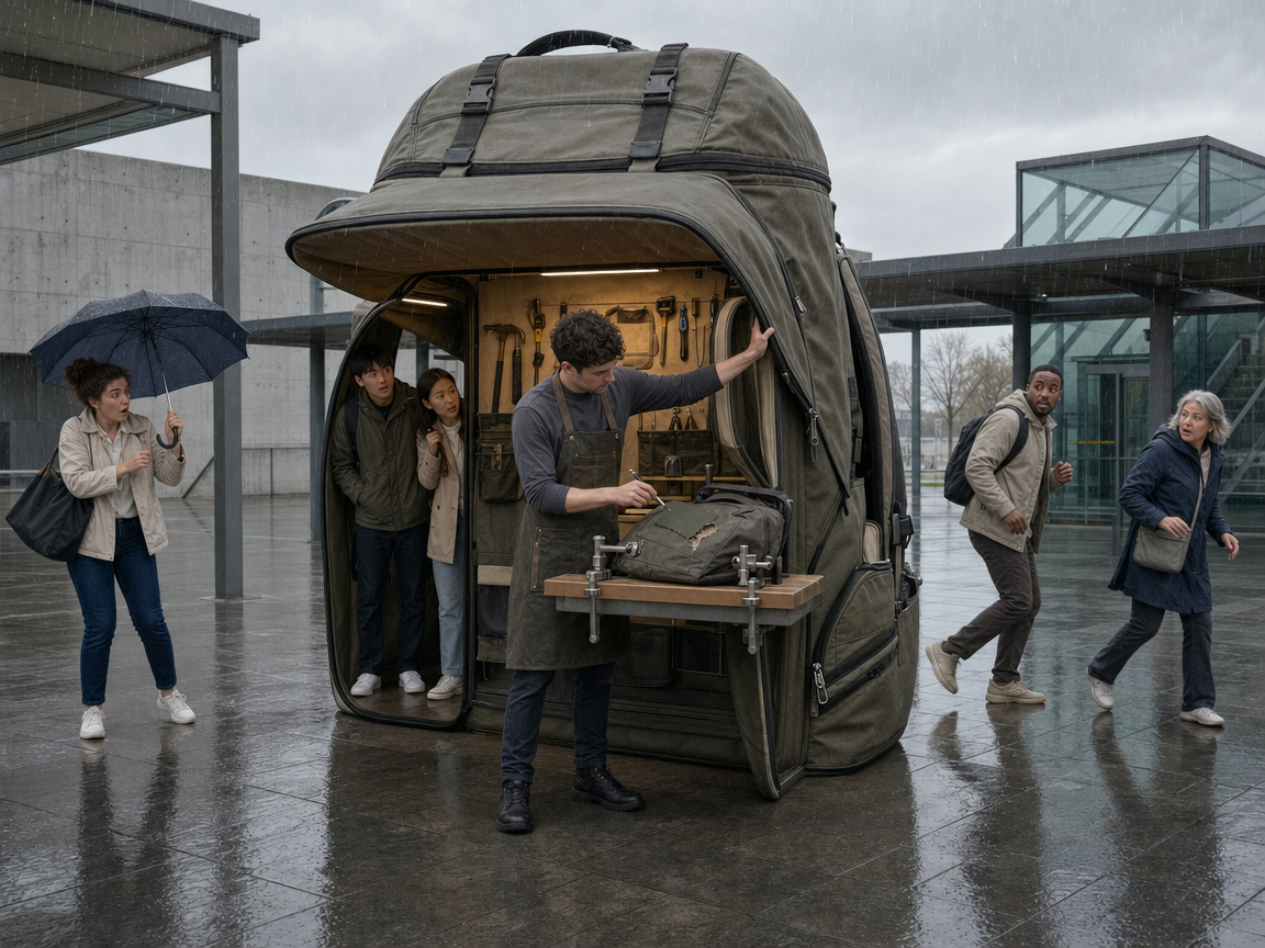 People reacting to an unusual giant backpack repair booth at a transit plaza.