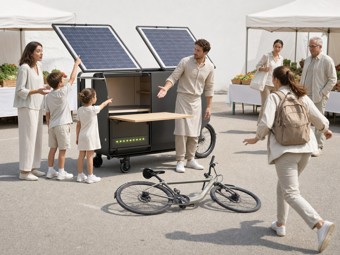 People reacting to an unusual folding solar cafe at a farmers market.