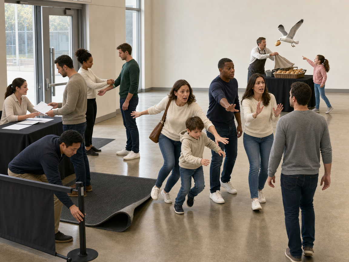 People responding to several connected activities and a bird taking food from a table at a registration hall.