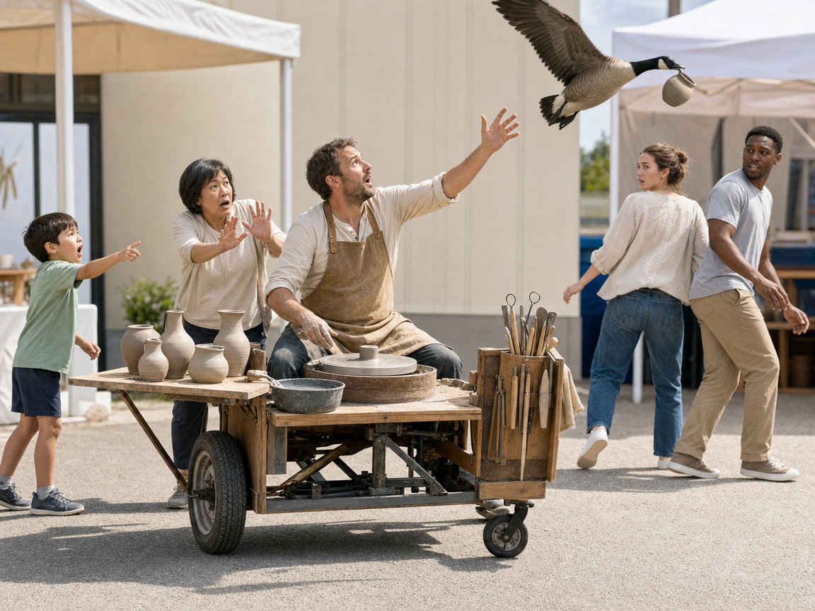 People reacting to an unusual mobile pottery wheel at a community fair.