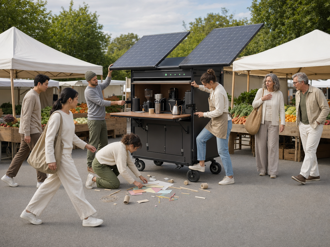 People reacting to an unusual folding solar cafe at a farmers market.