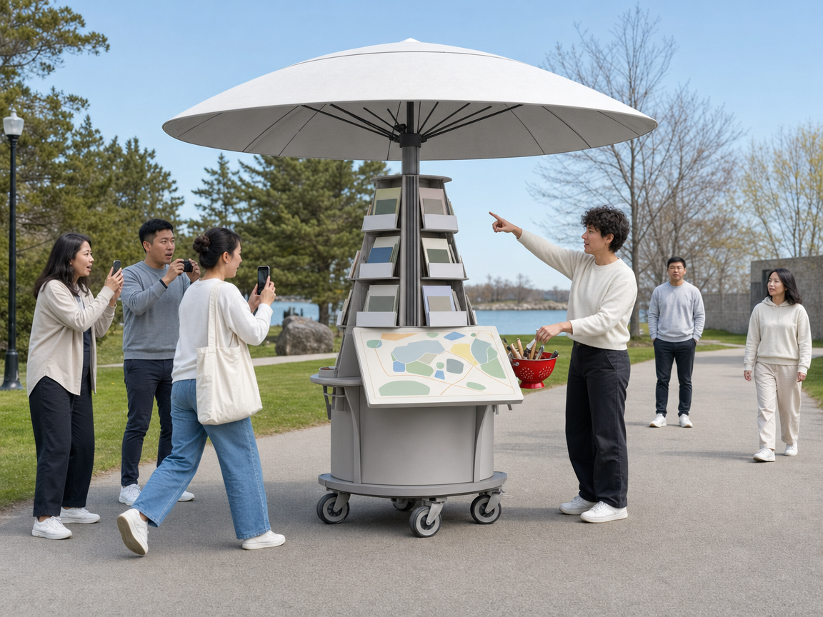 People reacting to an unusual umbrella-shaped information cart at a public park.