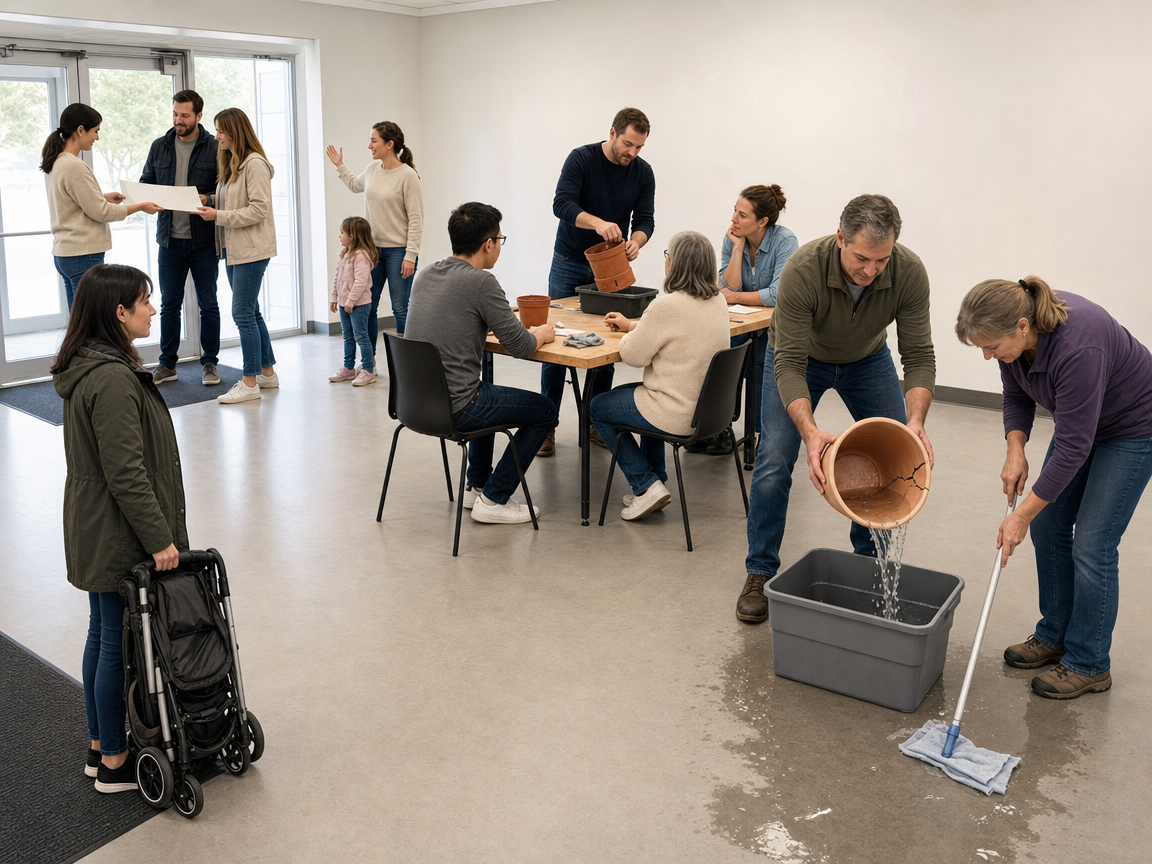 People responding to several connected activities and a leaking water container at a public workshop.
