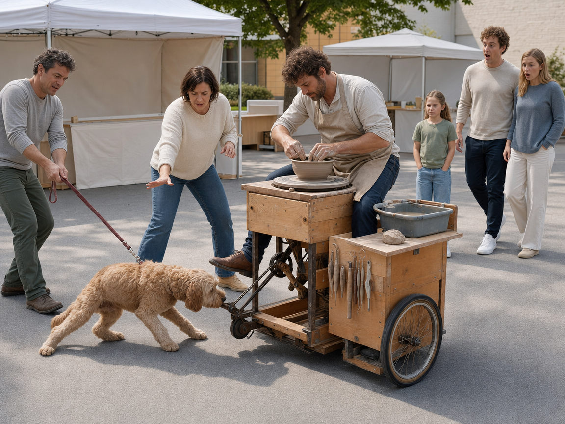 People reacting to an unusual mobile pottery wheel at a community fair.