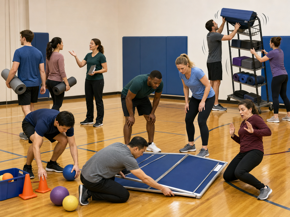 People responding to several connected activities and a display rack beginning to sway at a recreation gym.