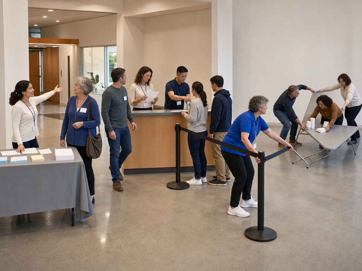 People responding to several connected activities and a folding table starting to collapse at a community-centre lobby.