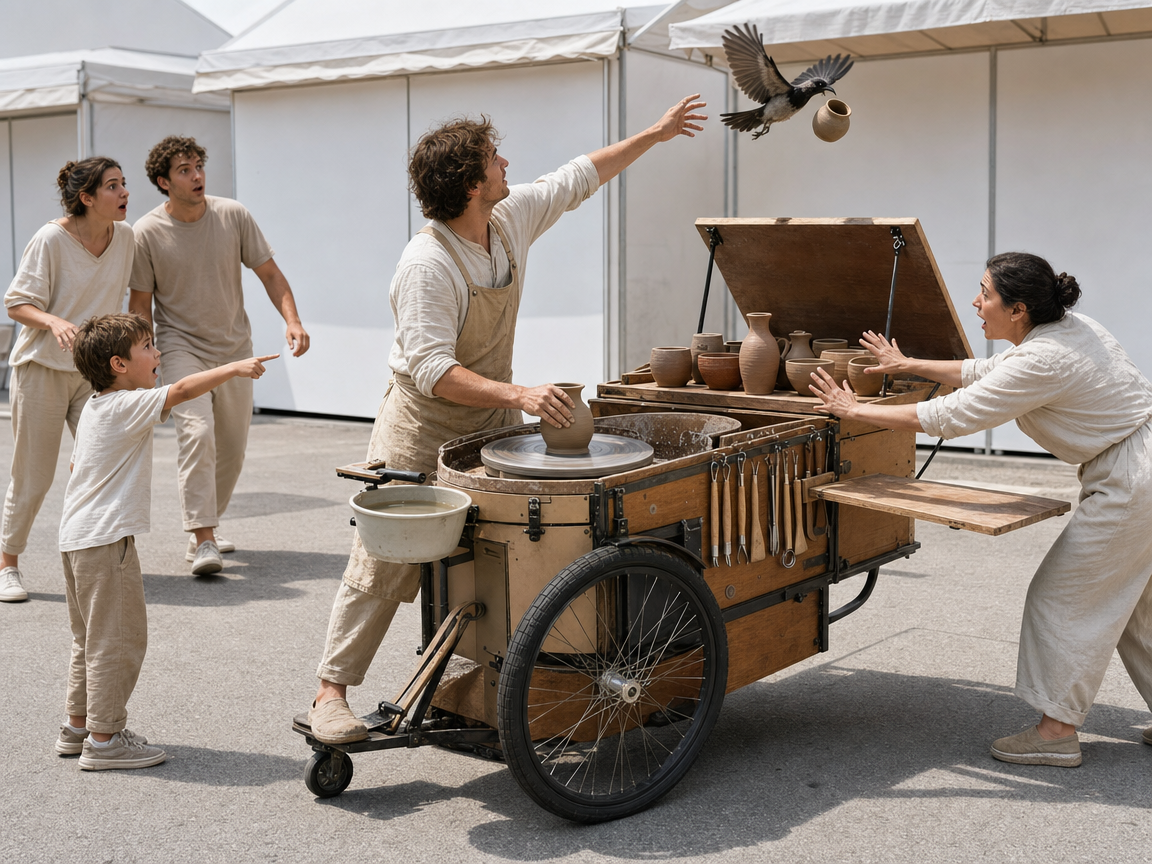 People reacting to an unusual mobile pottery wheel at a community fair.