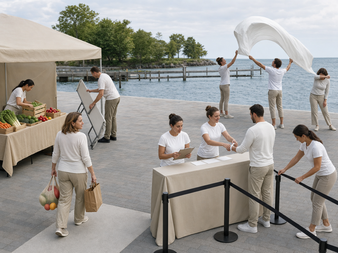 People responding to several connected activities and a strong gust of wind at a waterfront market.