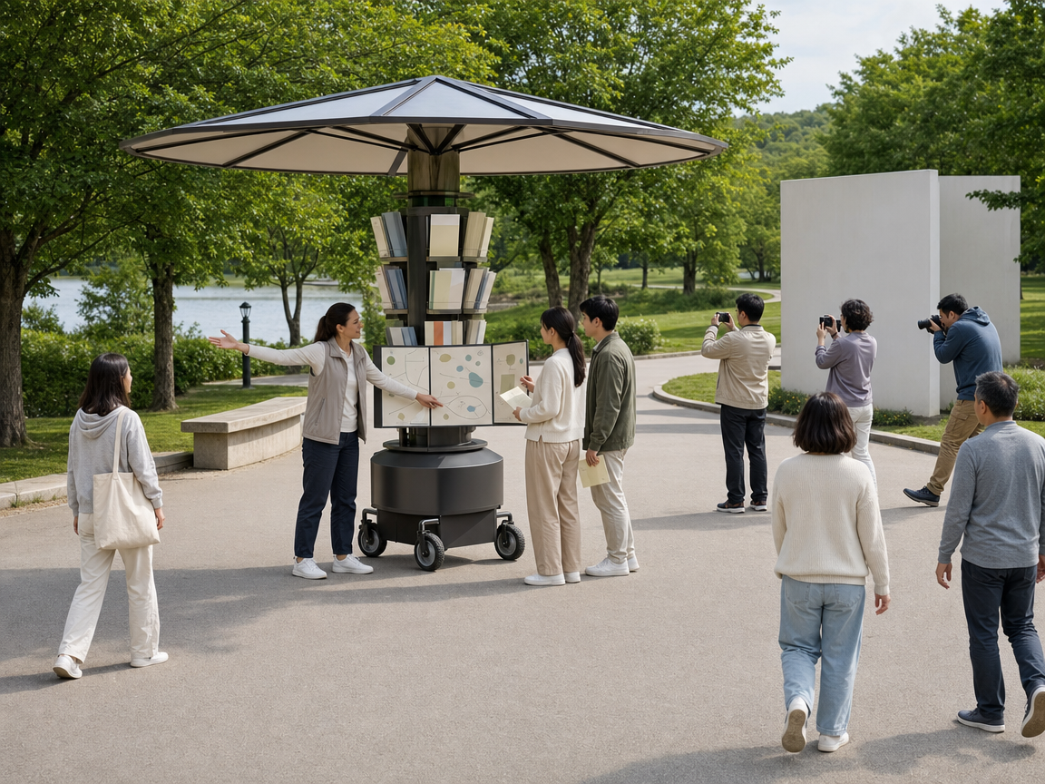 People reacting to an unusual umbrella-shaped information cart at a public park.