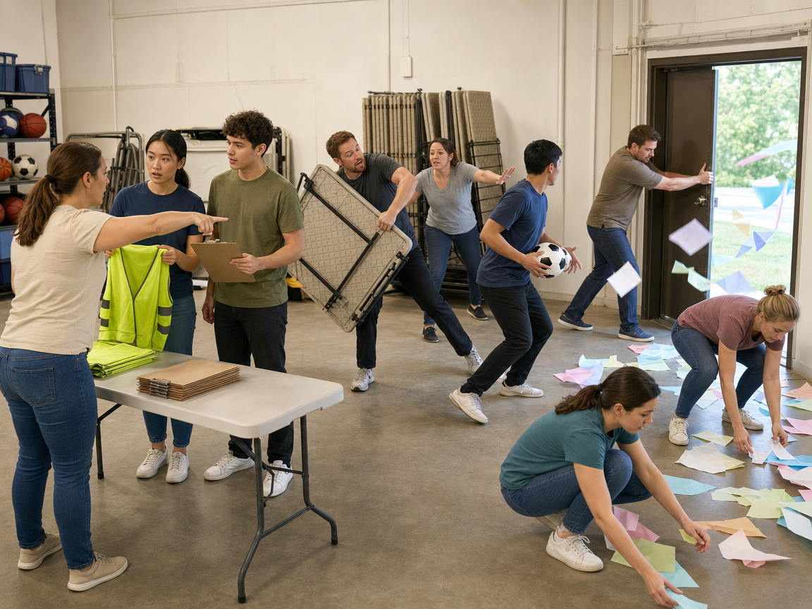 People responding to several connected activities and a gust scattering paper decorations at a volunteer depot.