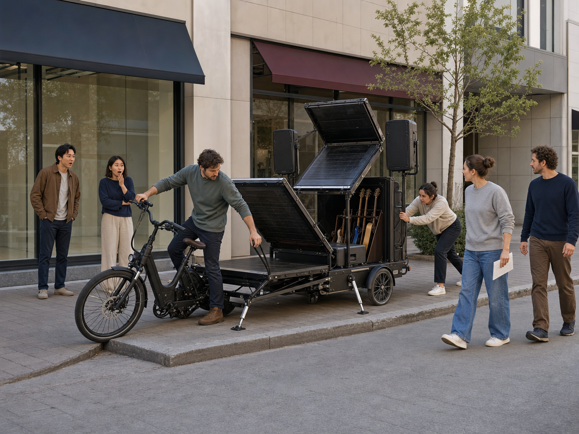 People reacting to an unusual bicycle-towed music stage on a shopping street.