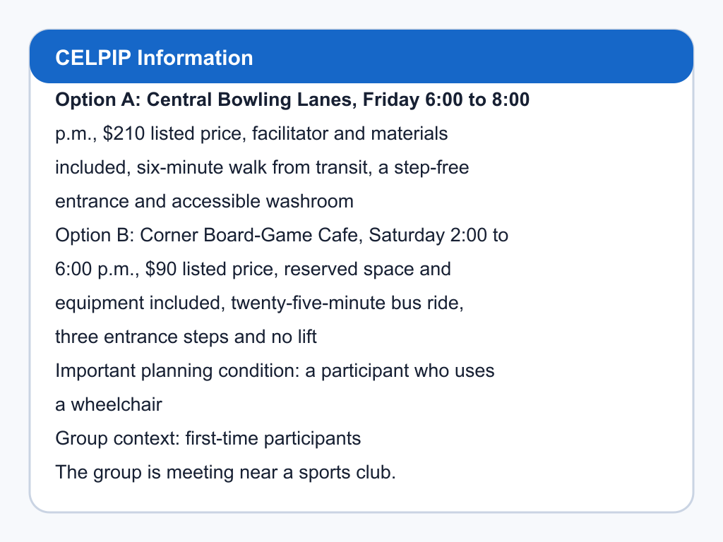 Comparison of Central Bowling Lanes and Corner Board-Game Cafe.