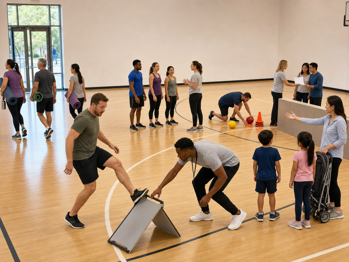 People responding to several connected activities and a folding sign sliding across the ground at a recreation gym.