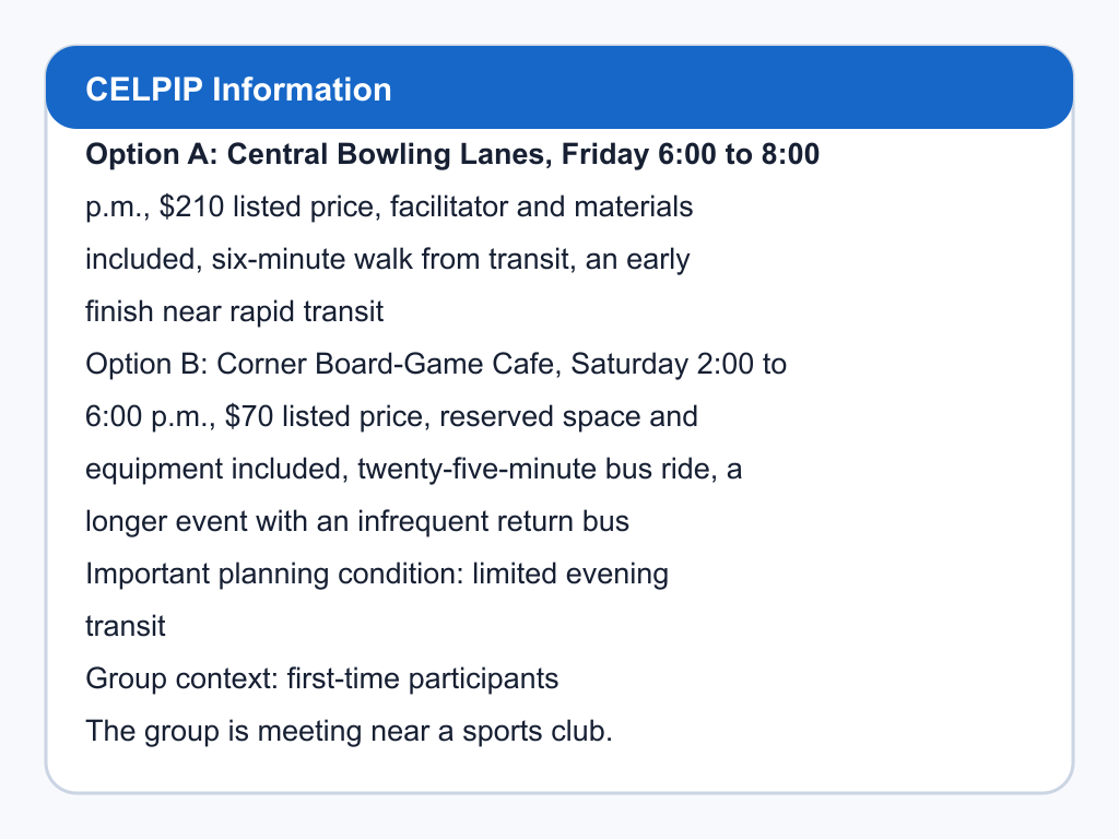 Comparison of Central Bowling Lanes and Corner Board-Game Cafe.